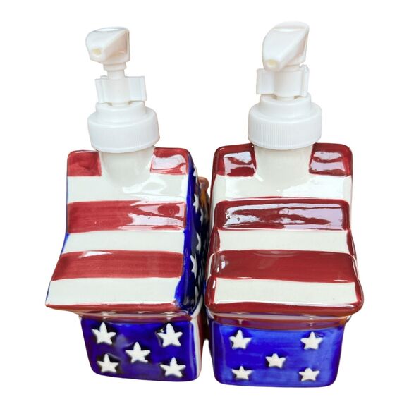 1999 Boston Warehouse American Flag Star Shape Mustard Ketchup Pump Set New - Picture 7 of 8